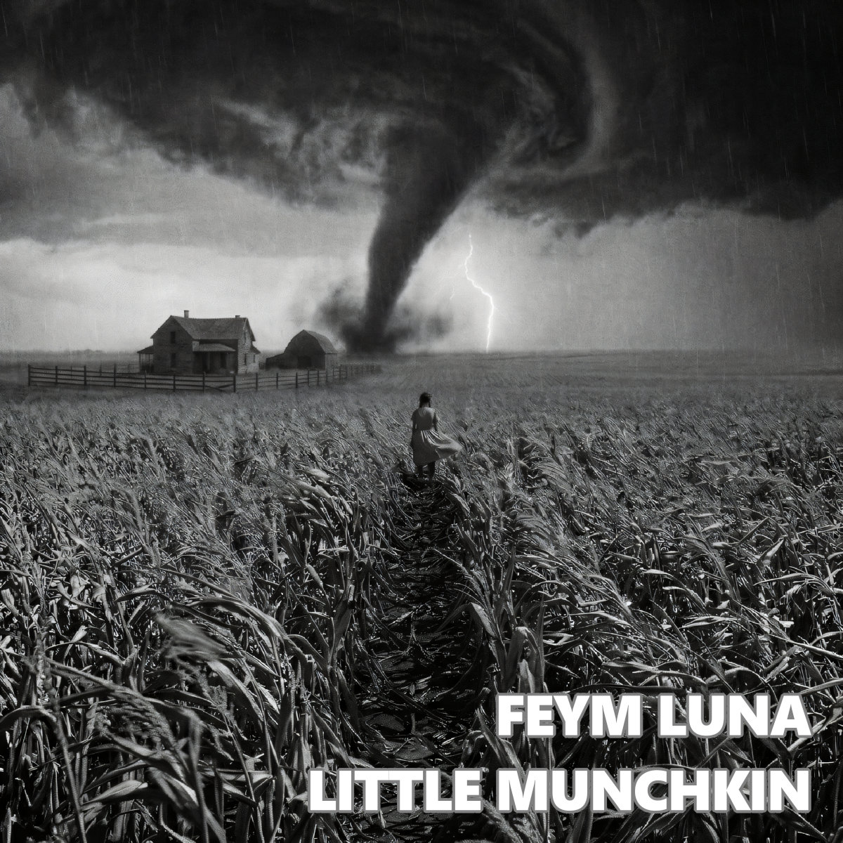 Little Munchkin single cover art — black and white tornado over a cornfield